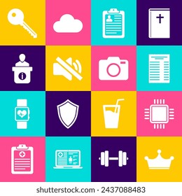 Set Crown, Processor with CPU, Paper financial check, Clipboard resume, Speaker mute and Information desk icon. Vector