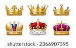 Set of crown in realistic design, golden royal jewelry symbol of king queen and princess, isolated icons. Sign of crowning prince authority. Crown jewels symbol of emperor, coronet sign vector