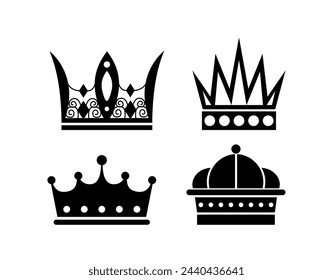 Conjunto de siluetas de la corona. Rótulos y joyas de la familia real. Aristocracia y reino, monarquía, coronación. Tradicionales coronas antiguas. Colección de vector plana de dibujos animados aislada sobre fondo blanco