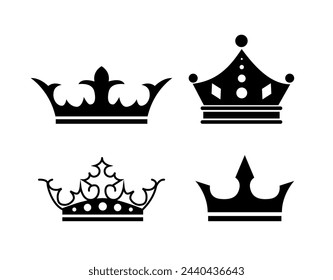 Conjunto de siluetas de la corona. Rótulos y joyas de la familia real. Aristocracia y reino, monarquía, coronación. Pegatinas de medios sociales. Colección de vector plana de dibujos animados aislada sobre fondo blanco