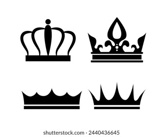 Conjunto de siluetas de la corona. Rótulos y joyas de la familia real. Aristocracia y reino, monarquía, coronación. Plantilla y diseño. Colección de vector plana de dibujos animados aislada sobre fondo blanco