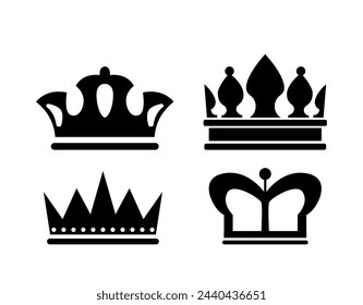 Conjunto de siluetas de la corona. Rótulos y joyas de la familia real. Aristocracia y reino, coronación. Elemento gráfico para el sitio web. Colección de vector plana de dibujos animados aislada sobre fondo blanco