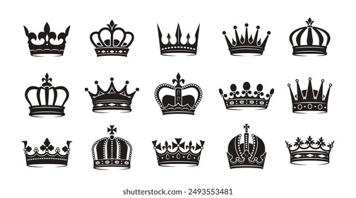 Set of crown silhouettes. Simple dark icons with crowns of kings, princes, monarchs and queens. Luxury royal tiaras with precious stones. Flat vector illustration collection isolated on background