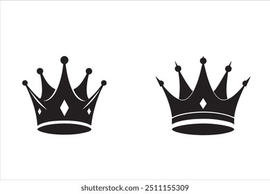 Set of crown silhouettes. Simple dark icons with crowns of kings, princes, monarchs and queens. Luxury royal tiaras with precious stones.