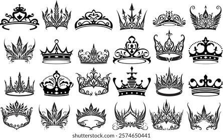 Set of crown silhouettes. Simple dark icons with crowns of kings, princes, monarchs and queens. Luxury royal tiaras with precious stones. Flat vector illustration collection isolated on background