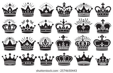 Set of crown silhouettes. Simple dark icons with crowns of kings, princes, monarchs and queens. Luxury royal tiaras with precious stones. Flat vector illustration collection isolated on background