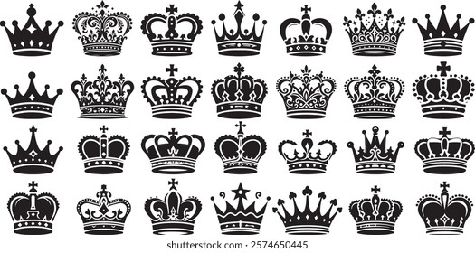 Set of crown silhouettes. Simple dark icons with crowns of kings, princes, monarchs and queens. Luxury royal tiaras with precious stones. Flat vector illustration collection isolated on background