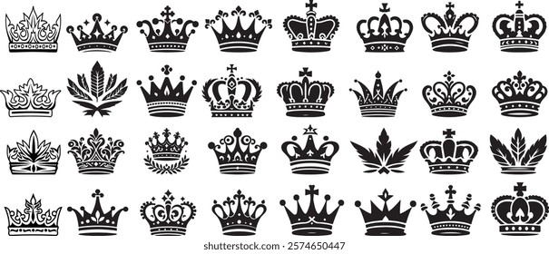 Set of crown silhouettes. Simple dark icons with crowns of kings, princes, monarchs and queens. Luxury royal tiaras with precious stones. Flat vector illustration collection isolated on background