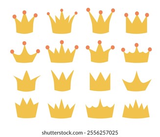 Set of crown. Simple gold icons with crowns of kings, princes, monarchs and queens. Flat vector illustration collection isolated on background.