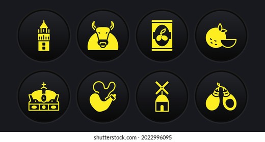 Set Crown of spain, Orange fruit, Spanish wineskin, Windmill, Olives can, Bull, Castanets and Giralda icon. Vector