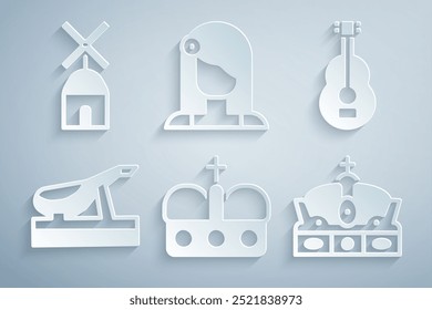 Set Crown of spain, Spanish guitar, jamon, woman and Windmill icon. Vector