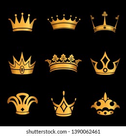 set of crown symbol with golden royal jewelry. isolated on black background. Vector