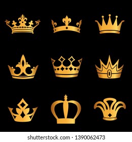 set of crown symbol with golden royal jewelry. isolated on black background. Vector