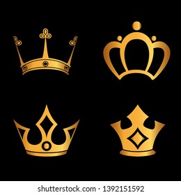 set of crown symbol with golden royal jewelry. isolated on black background. Vector