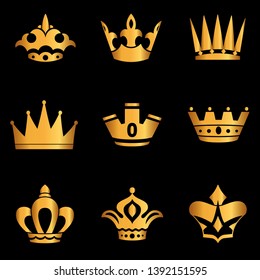 set of crown symbol with golden royal jewelry. isolated on black background. Vector