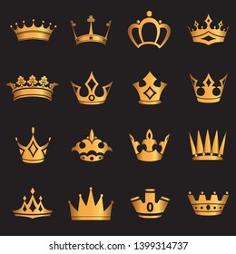 set of crown symbol with golden royal jewelry. isolated on black background. Vector