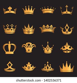 set of crown symbol with golden royal jewelry. isolated on black background. Vector