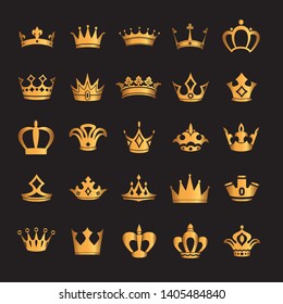 set of crown symbol with golden royal jewelry. isolated on black background. Vector