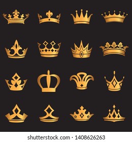 set of crown symbol with golden royal jewelry. isolated on black background. Vector