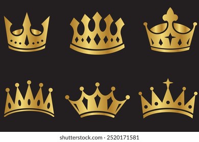 set of crown symbol with golden royal jewellery. isolated on black background, Vector collection of creative king and queen crowns symbols or logo elements. Set of Geometric vintage crown