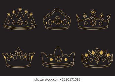 set of crown symbol with golden royal jewellery. isolated on black background, Vector collection of creative king and queen crowns symbols or logo elements. Set of Geometric vintage crown