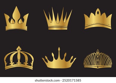 set of crown symbol with golden royal jewellery. isolated on black background, Vector collection of creative king and queen crowns symbols or logo elements. Set of Geometric vintage crown