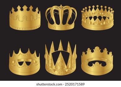 set of crown symbol with golden royal jewellery. isolated on black background, Vector collection of creative king and queen crowns symbols or logo elements. Set of Geometric vintage crown