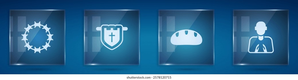 Set Crown of thorns, Flag with christian cross, Bread loaf and Hands in praying position. Square glass panels. Vector