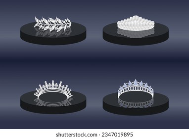 Satz von Krone und Tiara, Vektorgrafik, Kronen, Tiara, Schmuckkrone, Krone für Prinzessin und Königin, Mädchenkopfzubehör