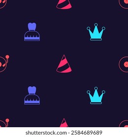 Set Crown, Woman dress, Party hat and Vinyl player with disk on seamless pattern. Vector