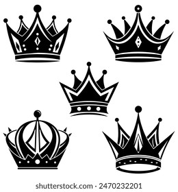 Set of crowns. Black silhouette. Royal design. Vector illustration.