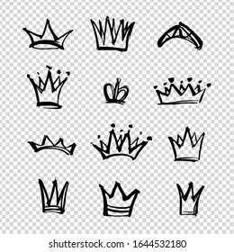 Set of crowns of different shapes and sizes painted with brush in thick paint strokes isolated on imitation transparent background