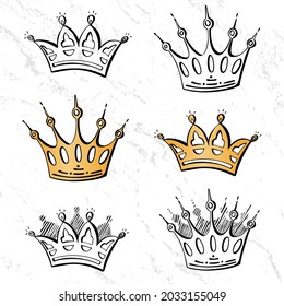 Set of crowns. Doodle crowns gold and black. for site, web, banner.