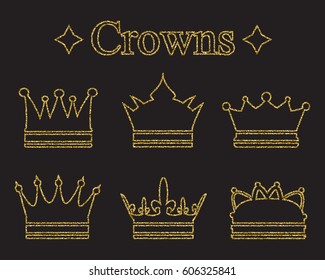 Set of crowns in doodle style. Gold glitter texture. Golden gloss effect. Sparkling diadems, tiaras.