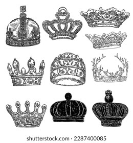 Set of Crowns headdress for king and queen. Royal noble aristocrat monarchy jewel crowns. Monarch jewels royalty luxury coronation treasure symbols. Hand drawing vector.