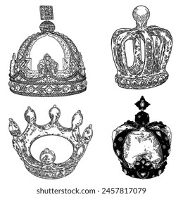 Set of Crowns headdress for king and queen. Royal noble aristocrat monarchy jewel crowns. Monarch jewels royalty luxury coronation treasure symbols. Hand drawing vector.