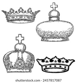 Set of Crowns headdress for king and queen. Royal noble aristocrat monarchy jewel crowns. Monarch jewels royalty luxury coronation treasure symbols. Hand drawing vector.