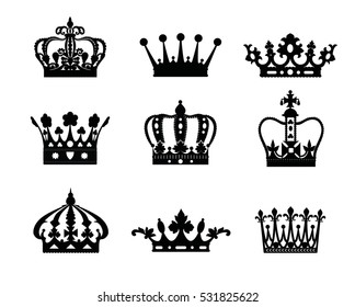 Set of Crowns isolated on white background. Vector illustration of black crown icons. Crowns silhouette or symbol.