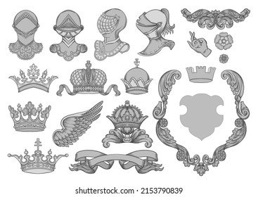Set of crowns, knight, helmet, shield, coat of arms, ribbon, heraldry for traditional design of coats of arms and shields. Clip art, set off elements for design Vector illustration.