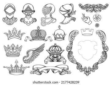 Set of crowns, knight, helmet, shield, coat of arms, ribbon, heraldry for traditional design of coats of arms and shields. Clip art, set off elements for design Vector illustration.