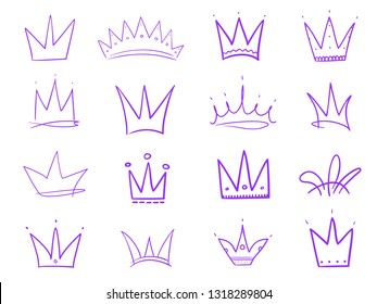 Set of crowns on isolated white. Signs for design. Hand drawn simple objects. Line art. Colorful illustration. Sketchy elements for posters and flyers