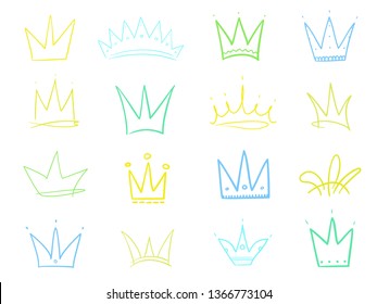Set of crowns on white. Hand drawn simple objects. Line art. Colorful illustration. Sketchy elements for design
