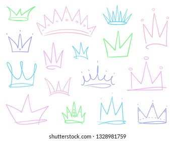 Set of crowns on white. Signs for design. Hand drawn simple objects. Line art. Colorful illustration. Sketchy elements for posters and flyers