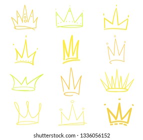 Set of crowns on white. Signs for design. Hand drawn simple objects. Line art. Colorful illustration. Sketchy elements for posters and flyers