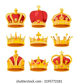 Kronensatz, königliche mittelalterliche Heraldische Vintage Kopfbekleidung für König oder Königin einzeln auf weißem Hintergrund. Heraldry, Monarchy Imperial Coronation Symbole. Cartoon-Vektorgrafik, Symbole, Clipart-Art