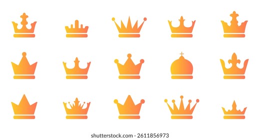 A set of crowns in various sizes and styles. The crowns are all yellow and are arranged in a grid