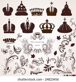 Set of crowns and vintage ornaments for design.