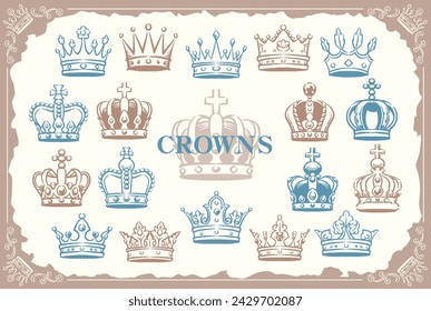 Set of crowns in vintage style. Vector illustration.