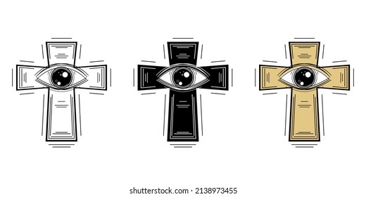 Set crucifix cross with open eye white black and gold flat vector icon design.
