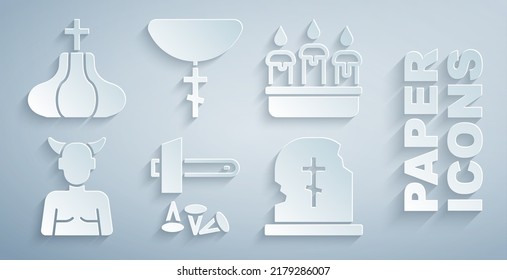 Set Crucifixion of Jesus Christ, Burning candle in candlestick, Krampus, heck, Grave with tombstone, Christian cross chain and Church tower icon. Vector